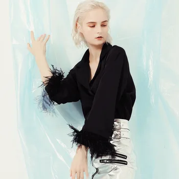 

Real Feather Long Sleeve Shirts Women Luxury Satin Turn-down Collar Shirt Tops Black Party Ladies Fashion Women's Blouses Shirt