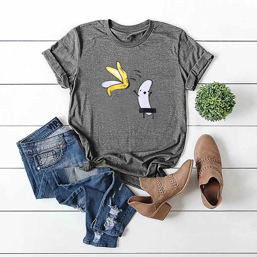 ZHIJING Peeling Banana Stamp girl tshirt Casual Cute Funny Round-neck Short Sleeve Clothes Loose-Fit WOMEN'S T-shirt | Женская