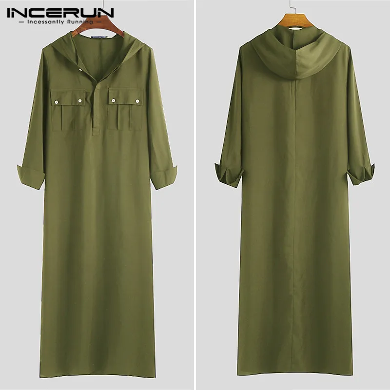 

INCERUN Muslim Islamic Kaftan Solid Color Hooded Long Sleeve Abaya Robes Retro Dubai Saudi Arabia Jubba Thobe Men Clothing S-5XL