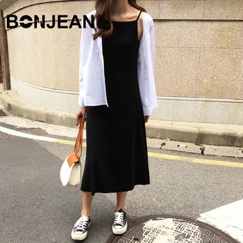 

Cotton Spaghetti Strap Dress Elegant Ladies Black Dress Women Long Summer Dress Korean Style Streetwear Spring Z145