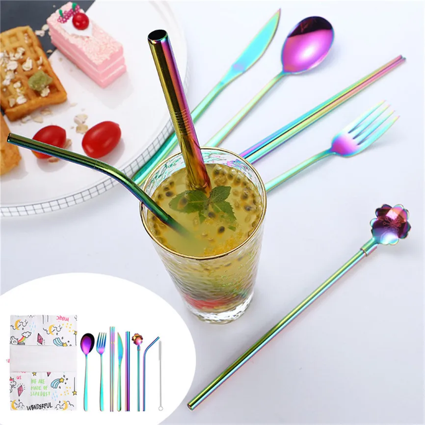 

9Pcs Set Stainless Steel Upscale Dinnerware Flatware Cutlery Fork Spoon Teaspoon Spoon+Fork+Chopsticks+Knife+Curved Straw