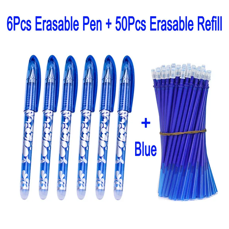 0,5 мм 6+ 50 шт/набор стираемая гелевая ручка стирающаяся ручка с пастой штангой синий черный стираемая чернильная ручка школьные канцелярские Офисные инструменты для письма - Цвет: 50blue ink 6pen