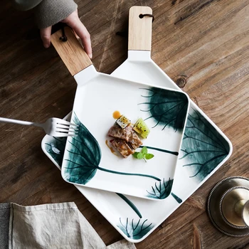 

Nordic Ceramic Lotus Western Steak Plate with Handle Modern Hotel Restaurant Square Bread Fruit Dessert Plate Kitchen Tableware