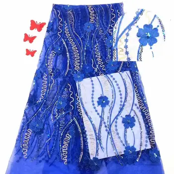 

high quality royal blue French Nigerian beads net lace/African tulle mesh sequence lace fabric for dress 5yards/lot FFD92