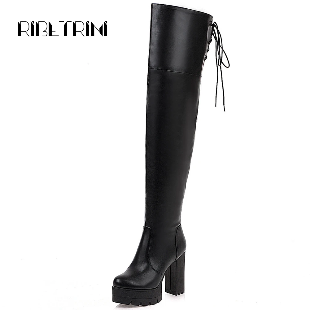 

RIBETRINI Over The Knee Thigh High Boots For Women Square High Heel Platform Party Wedding Office Shoes Woman Knight Boots