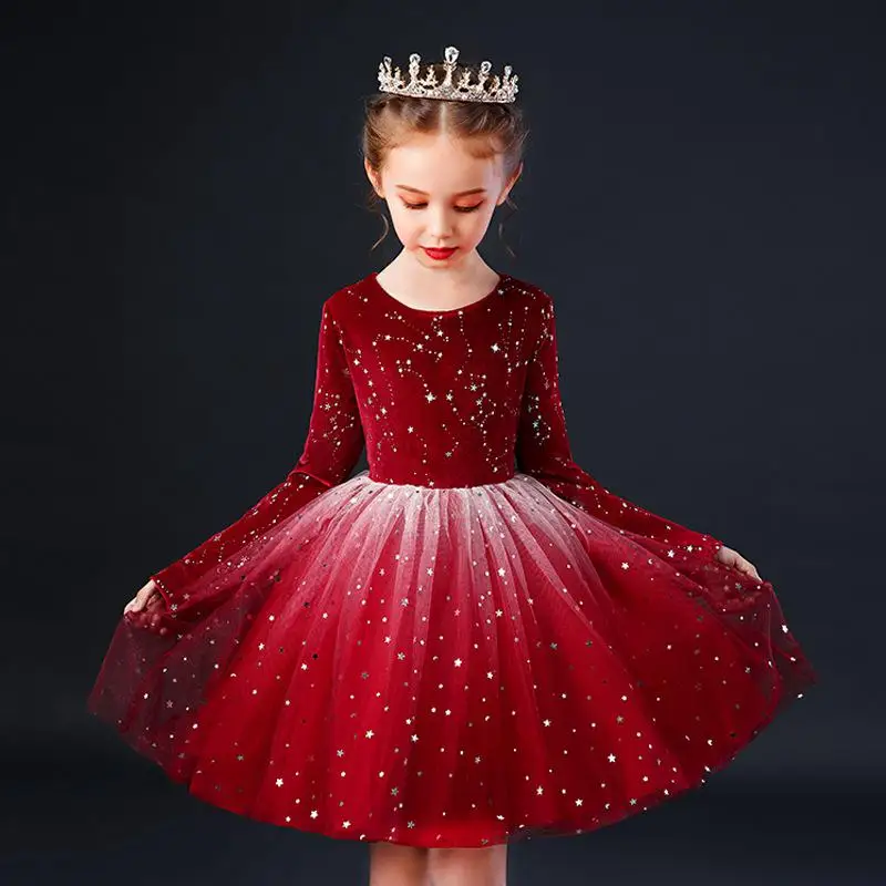 Одежда для рождественских праздников; элегантные вечерние платья для девочек; Свадебные платья принцессы с длинными рукавами; платье со звездами для малышей - Цвет: Red