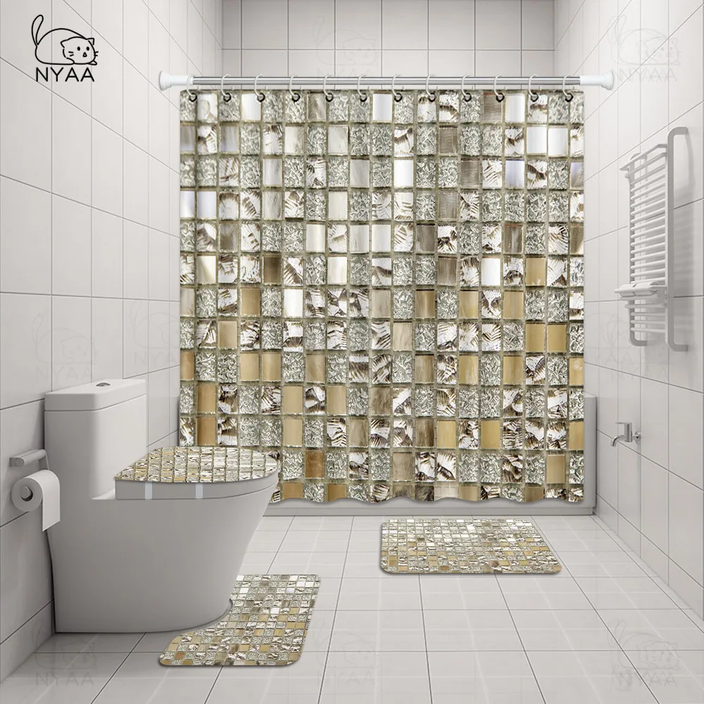 NYAA 4 Pcs Mosaic Decoration Shower Curtain Pedestal Rug Lid Toilet Cover Mat Bath Mat Set For Bathroom Decor
