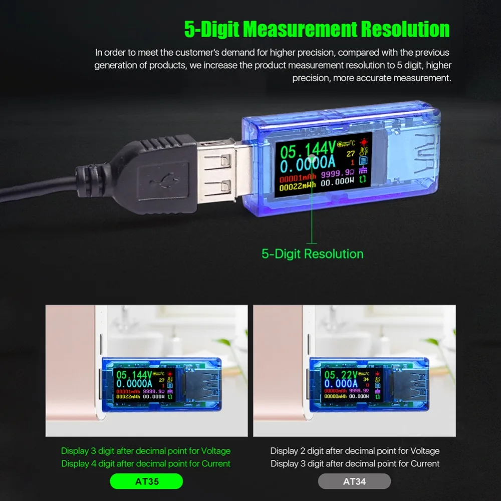 AT35 USB 3.0 Digital HD Color Screen USB Tester for Voltmeter Voltage Current Meter Energy Battery Capacity Test Hot Sale