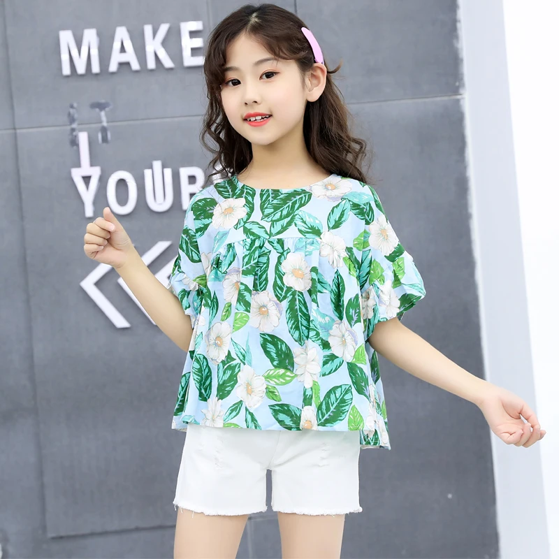 2 Piece Holiday Summer Outfit Kids Girls Green Floral And White Shorts Set 2Pcs Ruffled Outfits Tops Sweet Girl Clothing Set