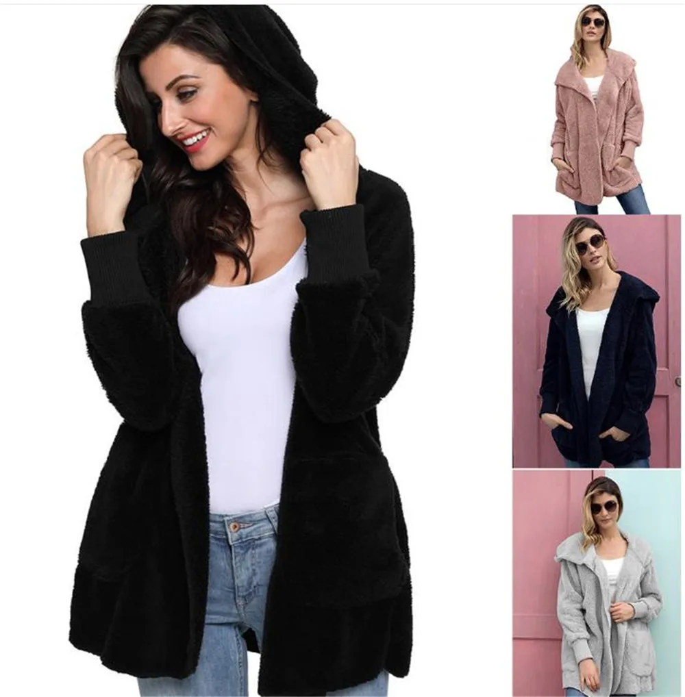 

Coat Winter Women Solid Color Hooded Pocket Cardigan Loose Long Sleeve Plush Coat Thick Warm Wool Casual Outerwear
