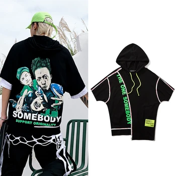 

2020 summer new Fashion Hooded Men Short Sleeve T Shirt Lrregular Stitching Mens Tshirts Rapper T Shirts oversize tees tops