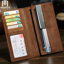 MISFITS crazy horse 정품 가죽 남성용 지갑 지퍼 포켓이있는 빈티지 롱 지갑 브랜드 soft cowhide male purse card holder(China)