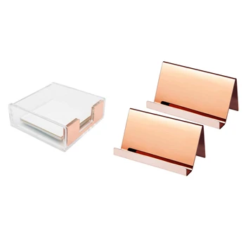 

2 Pack Stainless Steel Business Cards Holders (Rose Gold) & 1x Clear Acrylic Rose Gold Self-Stick Note Pad Holders