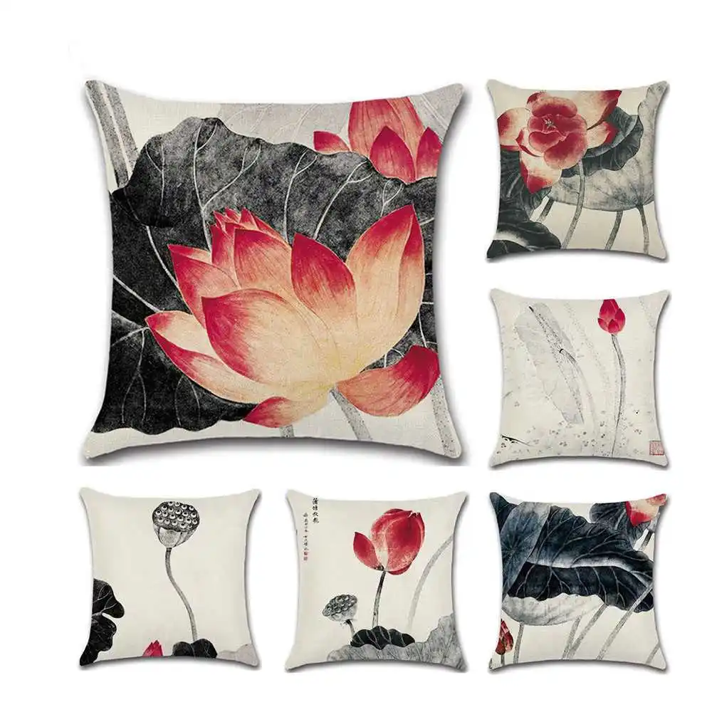 

Chinese Style Lotus Cushion Cover Floral Pillow Cover Home Decorative Linen Pillow Case Office Sofa Cushion Cover