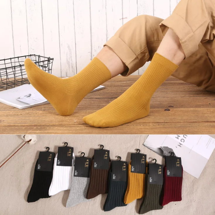 

Men's thick solid color double needle socks in autumn and winter adult spot leisure business stockings