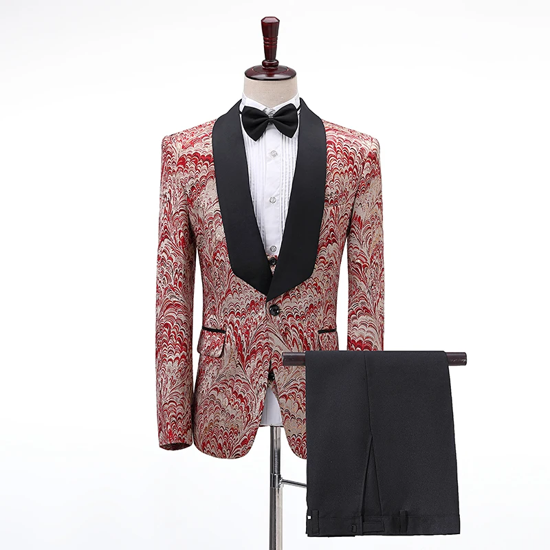 Burgundy pattern PYJTRL для мужчин 4 шт. набор жаккардовые костюмы шаль нагрудные Свадебные жениха платье для выпускного вечера смокинг костюм Homme мужской s пиджак брюки жилет галстук - Цвет: Burgundy pattern
