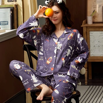 

Full Pure Cotton Pajamas Set Women Cute Cartoon Pyjama Long Sleeve Shirt Pants Female Homewear New Fashion Big Size Sleepwear3XL