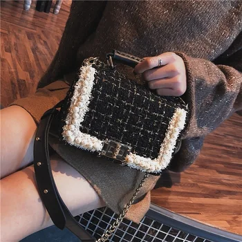 

2020 Winter Fashion New Female Square Tote bag Quality Woolen Pearl Women's Designer Handbag Ladies Chain Shoulder Crossbody Bag