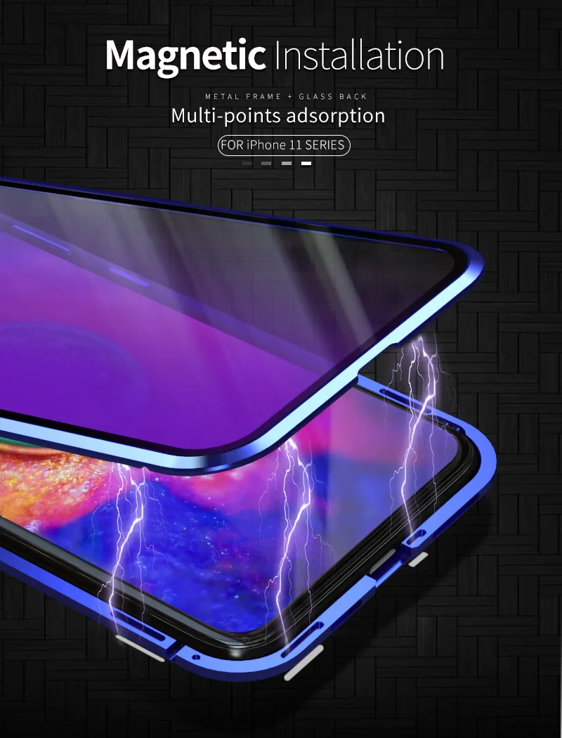 Роскошный противоударный защитный чехол для телефона, чехол для iPhone 11 Pro Max, синее закаленное стекло и Алюминиевый металлический магнитный чехол