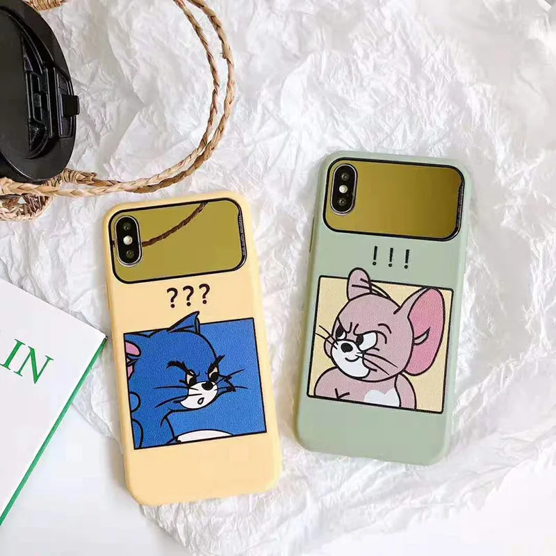 

Cute Litchi striae Funny cat mouse phone Case for iPhone X XR XS Max 6 6s 7 8 plus case Makeup mirror soft silicone backcover