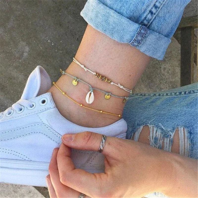 fashion 3pcs/set sea shell anklets for women bohemia hand woven bead Rope chain tassel foot jewelry girl geometric statement