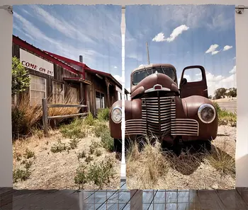 

Americana Curtains Abandoned Restaraunt on Route 66 Come on in Sign Desert Road Rusty Old Car Living Room Bedroom Window Drapes