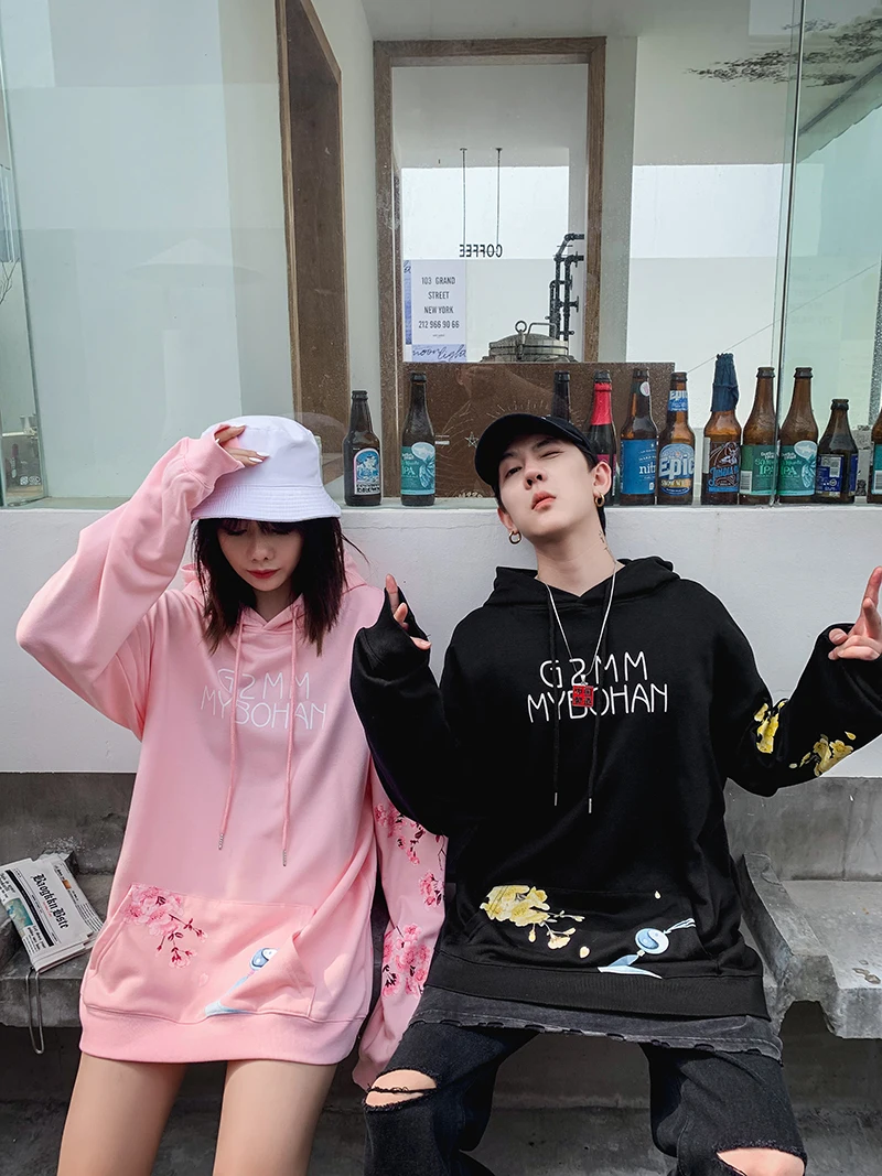 Dropshipping Chinese Style Flower Crane Printing Male Female Autumn Winter Hooded Sweatshirt Fashion Cotton Couple Hoodies
