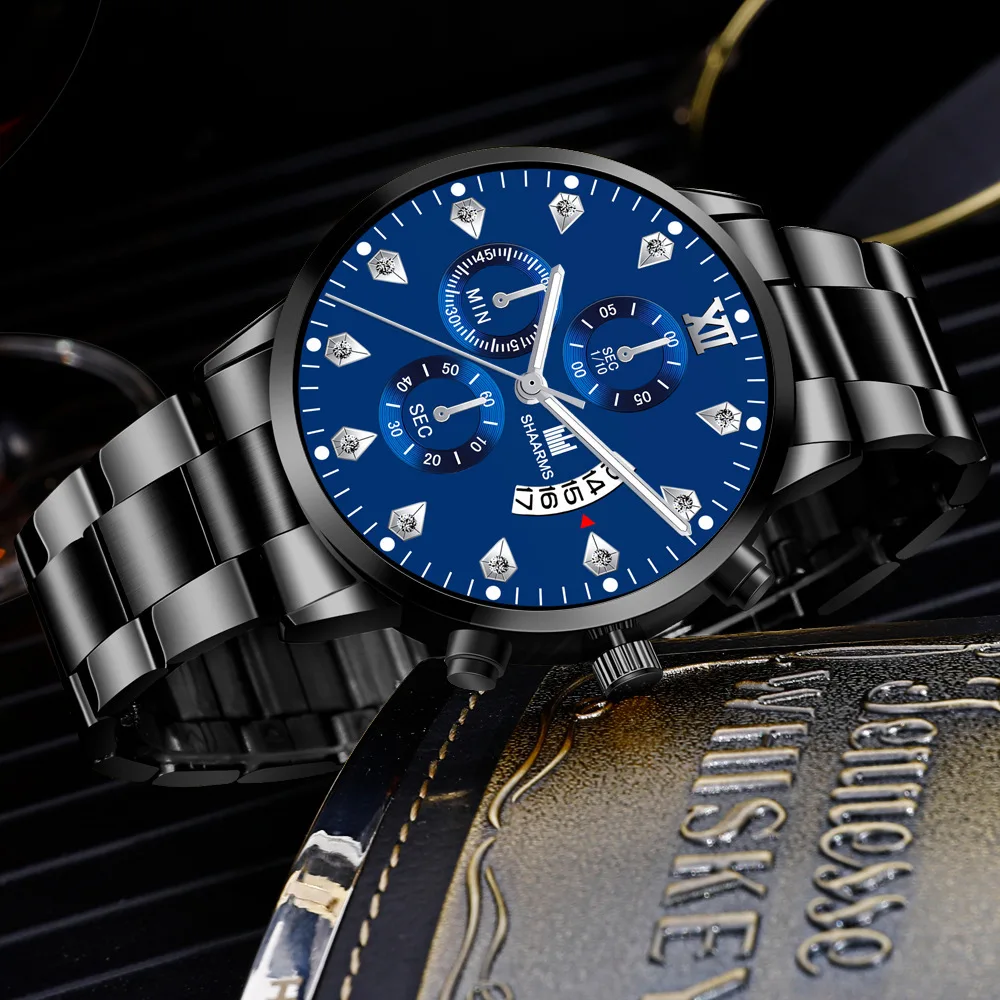 2021 Luxury Brand SHAARMS Alloy Strap Men's Watch Diamond Waterproof Quartz Watch for Men's Analog Three-eye Calendar Male Clock