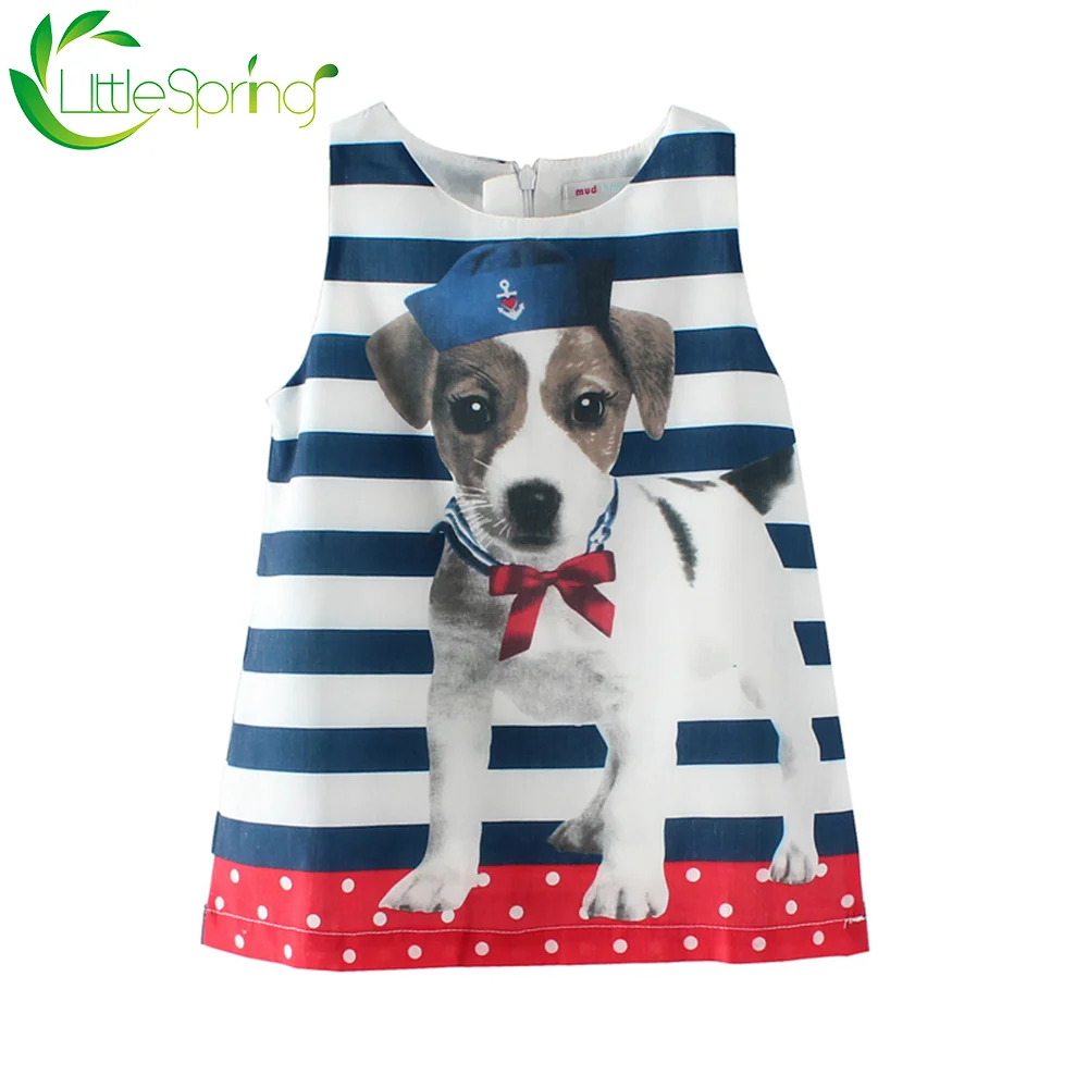 LittleSpring Toddler Girl Dress Dog Print Stripe Polka Dot Ruffle