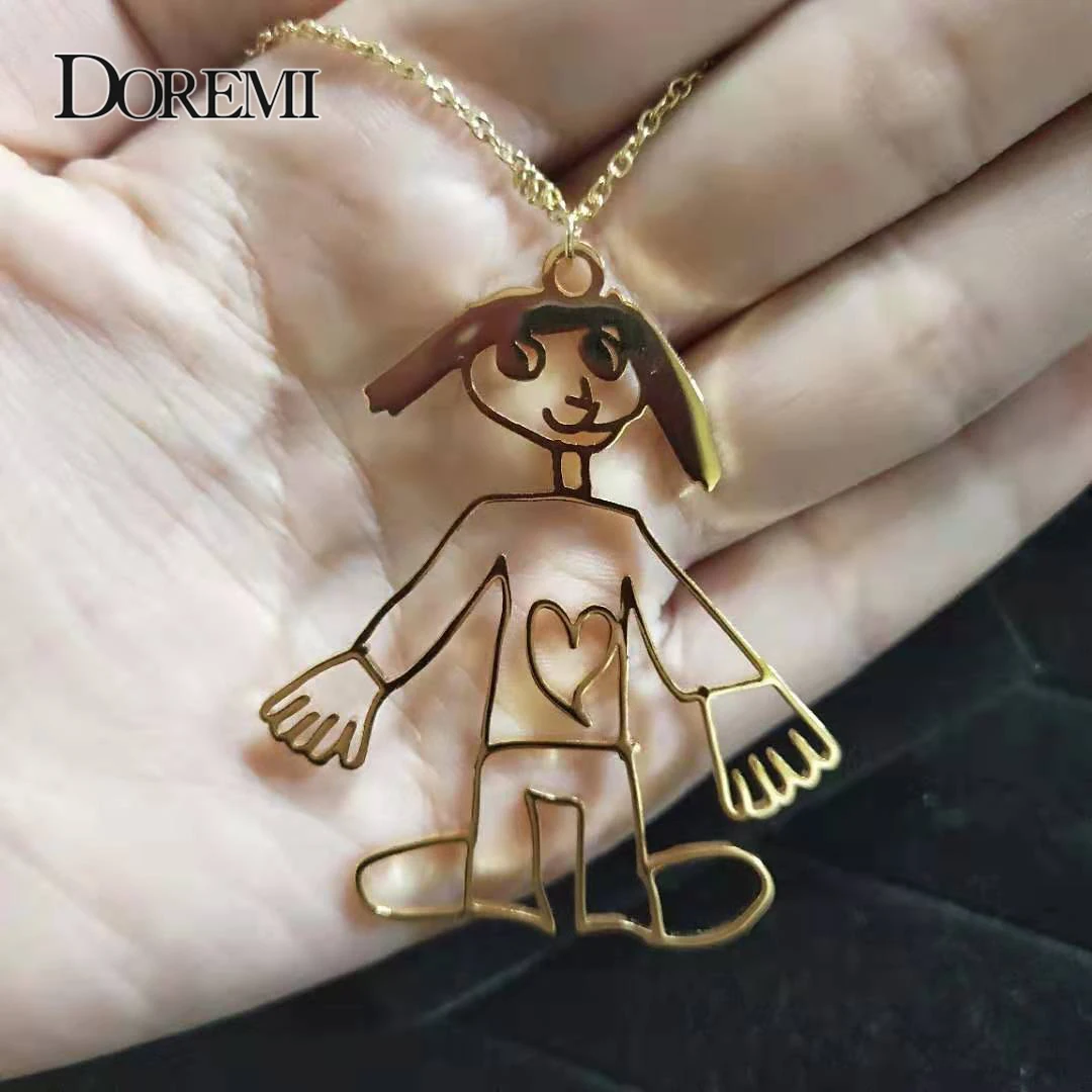 Günstige DOREMI Edelstahl Angepasst kinder Zeichnung Halskette kinder Kunst Kind Kunstwerk Personalisierte Halskette Custom Name LOGO