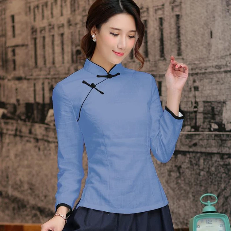 Женская рубашка с воротником «Мандарин», китайский традиционный Топ с длинным рукавом, Топ cheongsam, традиционная китайская льняная блузка - Цвет: Blue