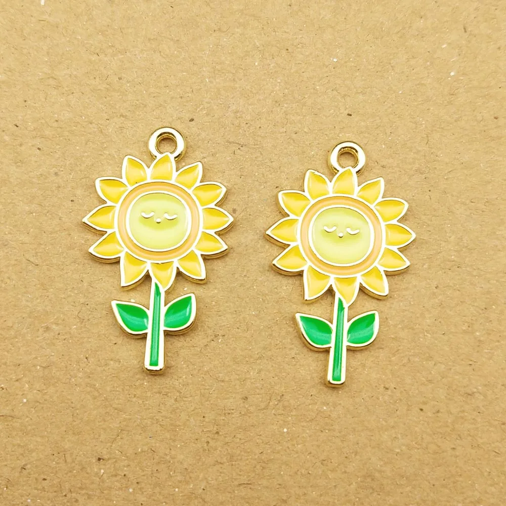 10pcs 15x25mm Enamel Sunflower Charm For Jewelry Making Earring Pendant