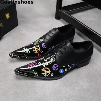

Graffiti Shoes Genuine Leather Men Oxford Shoes Lace Up Pointed Toe Casual Leisure Men Derby Shoes Fashion