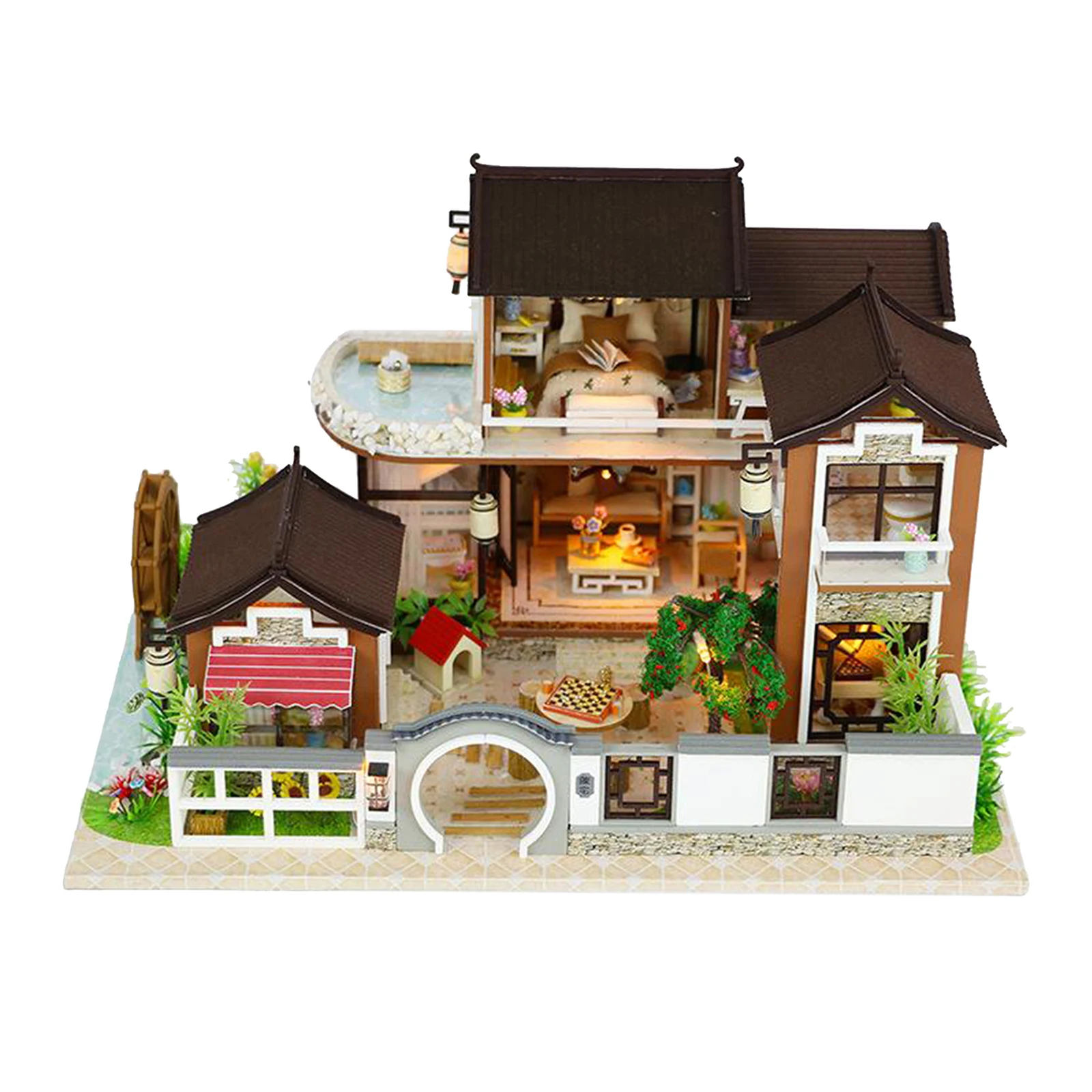 Kids Toys Dollhouse with Furniture Assemble Wooden Miniature Doll House Chinese Style Country Villa Diy For Children