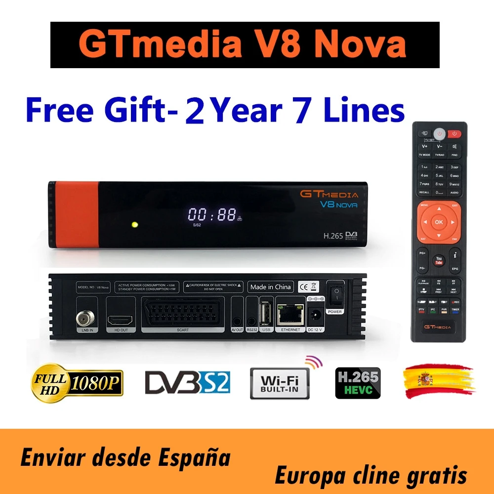

Original 1 year free 7 line cccam GTMedia V8 Nova satellite receiver full HD 1080P DVB-S2 DC12V / 1.5A USB2.0 64M Flash Memory
