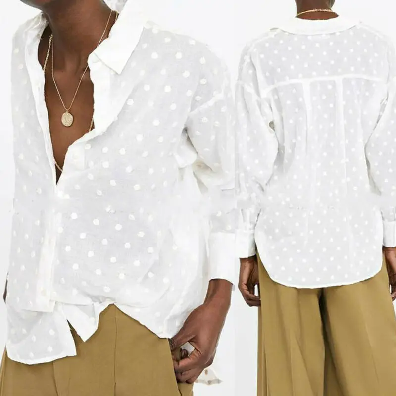 New Fashion 2020 Autumn Women Sexy White Shirt Elegant Long Sleeve Dot Mesh Office Shirt Ladies V-neck Tops Blouse