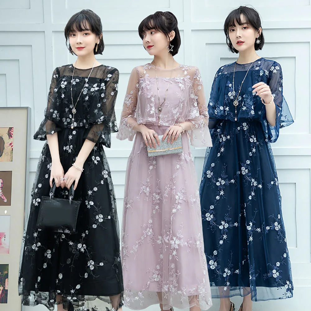 

Женское длинное платье в Корейском стиле, с круглым вырезом, кружевные платья с цветочным принтом, с рукавом до локтя, с высокой талией, повседневное, элегантное, женское, новинка, лето, 2021 г.