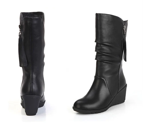 Black plus velvet GRITION/ботинки женские сапоги до бедра; зимняя женская обувь на танкетке средней высоты; удобные теплые сапоги Icrease; модная повседневная обувь больших размеров для узких ног; ботинки Dr; 41 размер обувь женская - Цвет: Black plus velvet
