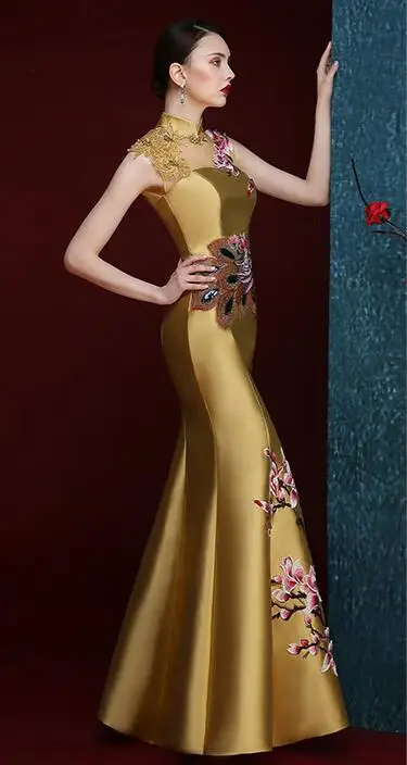 Черные модные китайский сексуальный Восточный вечерние женские Cheongsam шоу на сцене платье Qipao; элегантные туфли в стиле знаменитостей; для торжеств Платья De Festa - Цвет: gold