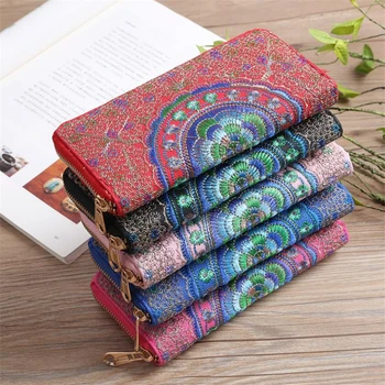 

Women Vintage Ethnic Bag Floral Embroidered Coin Clutch purse lady card Long Wallet Coin phone Card Holder Handbag