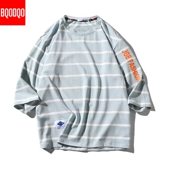 

Men's Cotton Fashion T-shirt Mens Summer Striped Tshirts 5XL Casual Black T Shirt Man Oversized Three Quarter Sleeve Tee Shirt