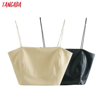 

Tangada Women faux leather beige black Tops Sexy Tanks Side Zipper Strappy Backless Short Tops 2020 Camis 3L04