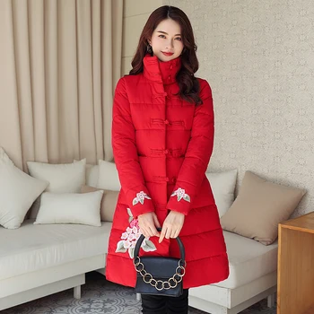 

Paragraph style 2019 Winter Women Down Jacket China Ethnic Style Retro Embroidery Female Down Cotton Coat With Stand Collar Thin