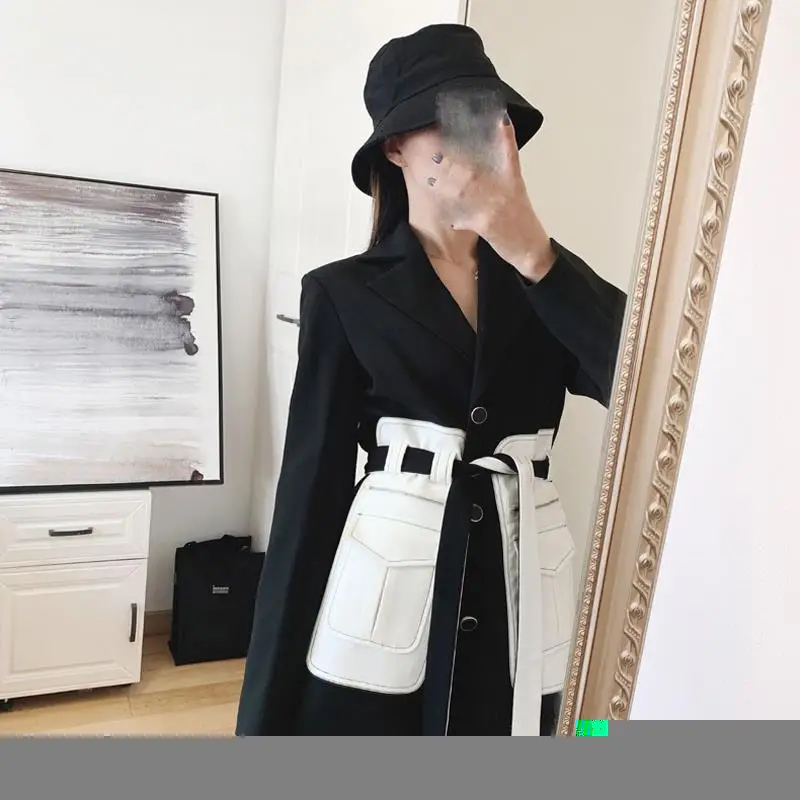 Elegant Women Blazer Coat Notched Patchwork Long Sleeve Suit Jacket Belt Female Fashion Slim Blazer Jacket Ol Style Blazer