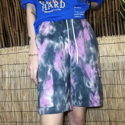 JASUMMER Panyafeng 2-color tie-dyeing Hansufeng Корейская версия BF модные рабочие брюки с пятью точками свободные женские брюки - Цвет: Фиолетовый