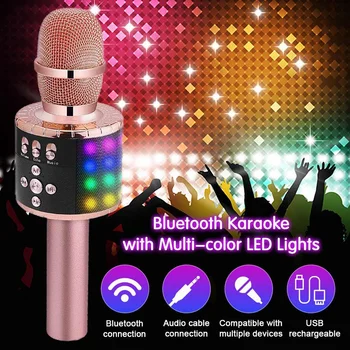 

7 Colors Led Light USB Bluetooth Wireless Pink Microphone Speaker Professional Handheld Microphone Ktv Karaoke Mic Music Player