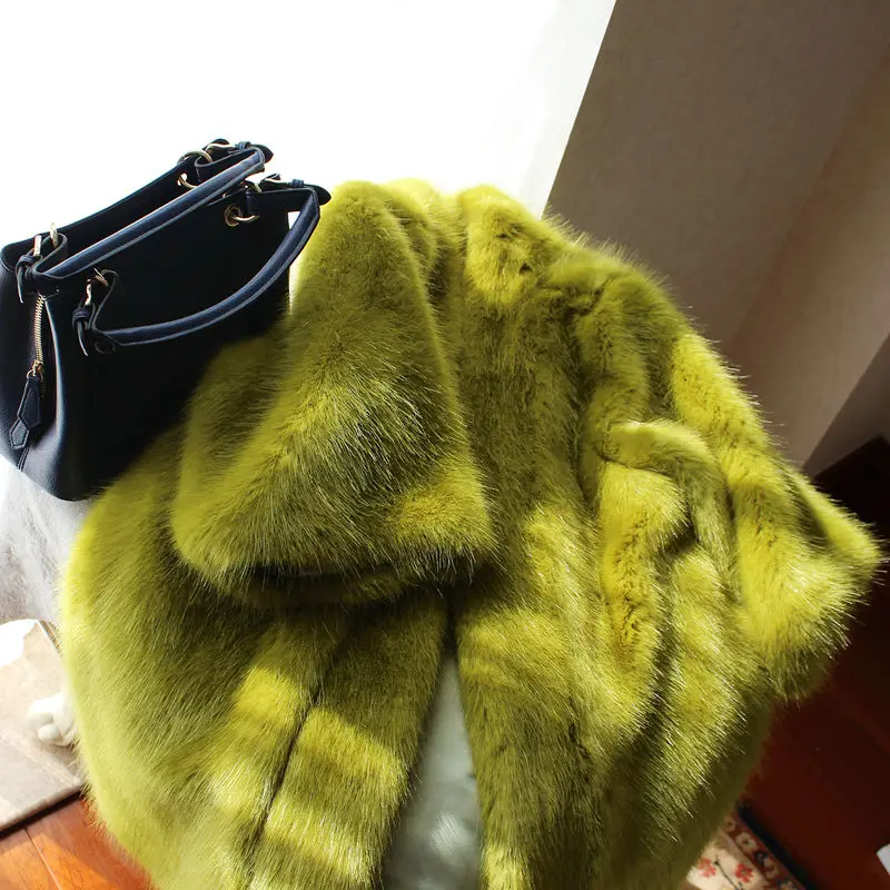 Высокое качество зимнее женское пальто размера плюс, Свободное пальто средней длины из искусственного меха, оливковое зеленое пушистое пальто из искусственного меха норки w1869