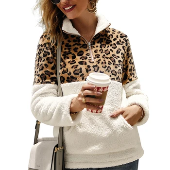 

Fleece Sweatshirt Faux Fur Women Collared Zipper Pockets High Neck Pullover Color Block Leopard Printed Patchwork Warm Outwear