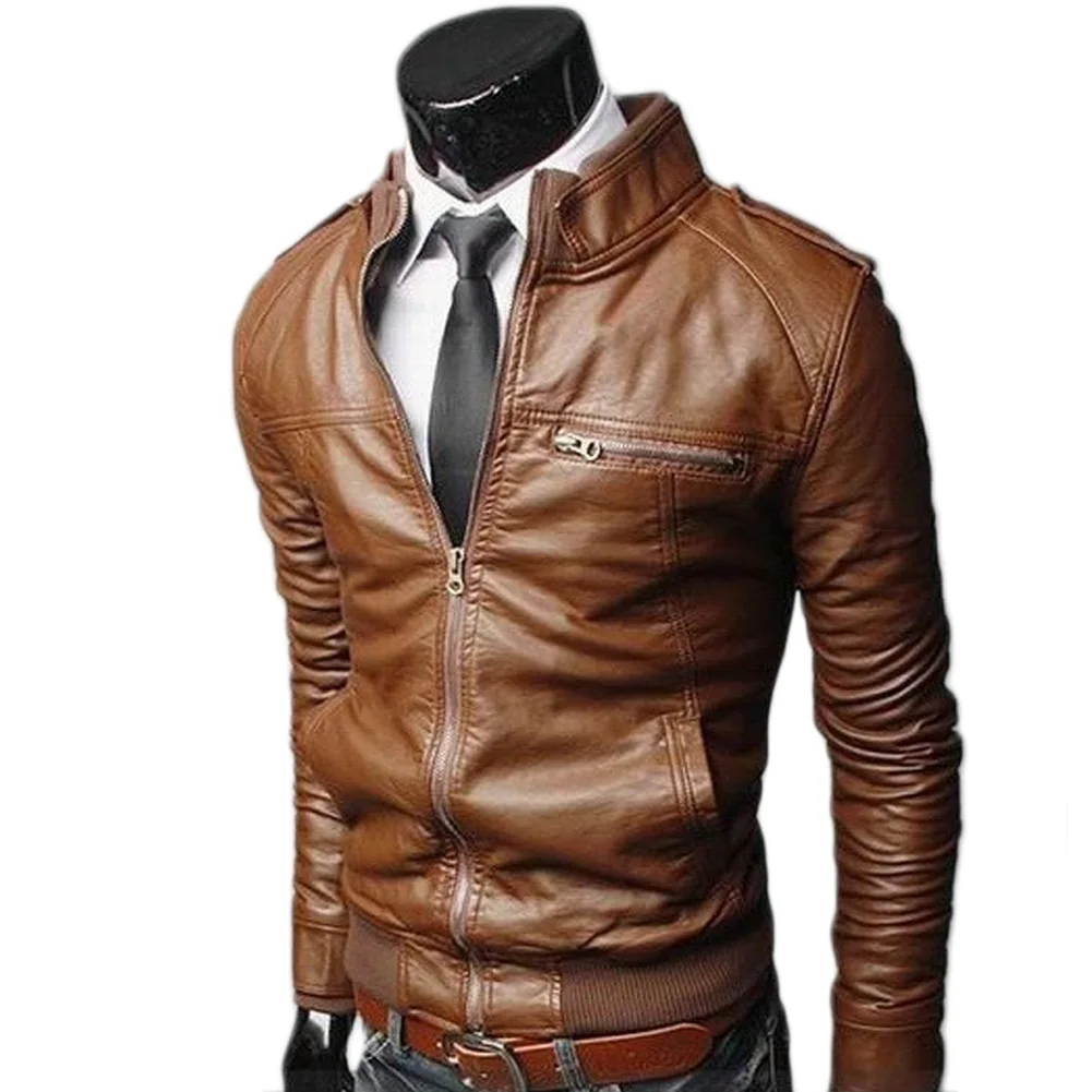 Promo Men Outwear New Motorcycle Slim Vintage Leather Jacket Coat Men Outfit Fashion Biker Zipper Pocket Design PU Leather Jacket Men