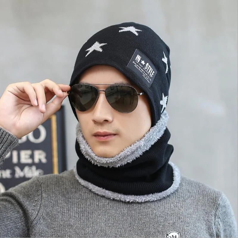 men black hat Комплект из 2 предметов, зимняя мужская шапочка, Шапка-бини, Детская шерстяная теплая мужская и женская зимняя шапка, вязаная шапка черного цвета - Цвет: men black hat